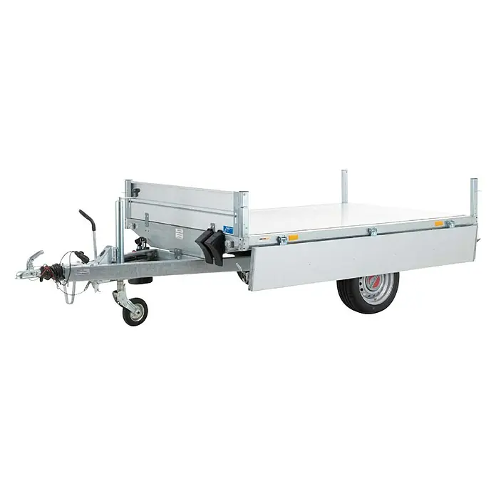 Stema Kippanhänger Rocko 1500 - Nutzlast: 1.044 kg, Einachser, Kasteninnenmaß: 231 × 153 x 30 cm, Gebremst - Silberner Anhänger mit weißer Ladefläche, Anhängerkupplung, Stützrad und Einzelrad. Mit abklappbaren Bordwänden und Ladestützen.