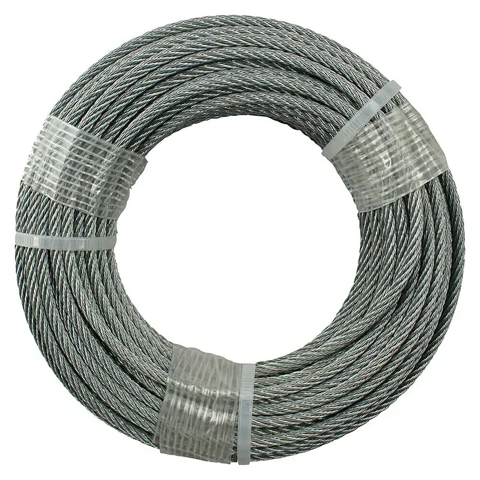 Stabilit Drahtseil - Ø x L: 4 mm x 2.000 cm, Belastbarkeit: 160 kg, Stahl - Nahaufnahme eines aufgerollten Stahlseils, das mit Kabelbindern fixiert ist. Ideal für robuste Anwendungen mit hoher Zugfestigkeit.