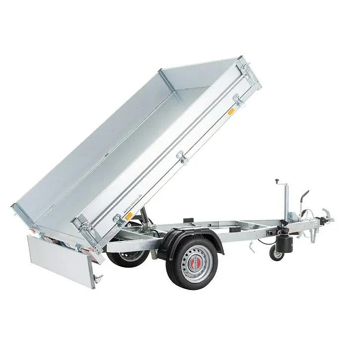 Stema Kippanhänger Rocko 1500 - Nutzlast: 1.044 kg, Einachser, Kasteninnenmaß: 231 × 153 x 30 cm, Gebremst - Silberner Kippanhänger mit hochgekippter Ladefläche.
