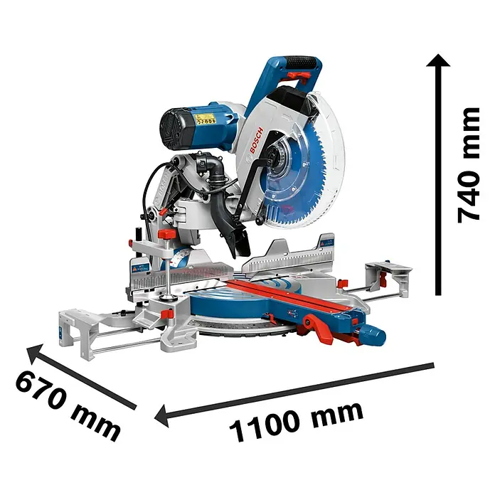 Bosch Professional Kapp- & Gehrungssäge GCM 12 GDL - 2.000 W, Durchmesser Sägeblatt: 305 mm, Leerlaufdrehzahl: 4.000 U/min - Bild einer Bosch Kapp- und Gehrungssäge mit Maßangaben. Die Säge ist blau, silber und rot.