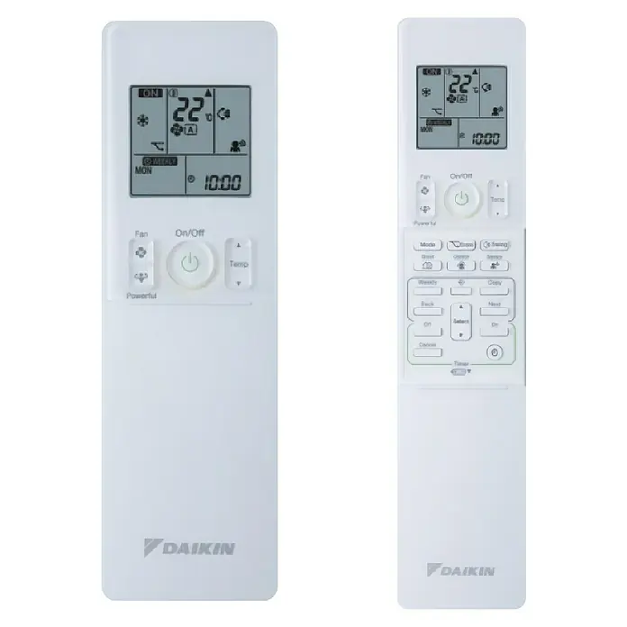 Daikin Aire acondicionado Inverter Perfera TXM25A + Instalación - 2.500 W, 2.000 W, 25 m², Blanco - Imagen de dos mandos a distancia blancos de aire acondicionado Daikin con varios botones y pantallas para controlar la configuración.