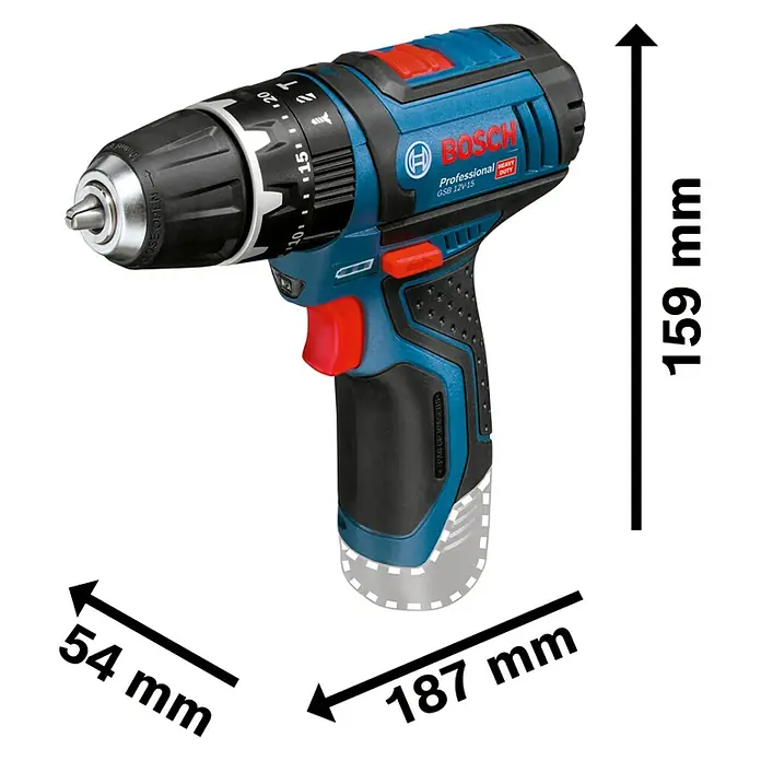 Bosch Professional Akku-Schlagbohrschrauber GSB 12V-15 - 12 V, 2 Akkus, 2 Ah, 30 Nm, 2 Akkus + Ladegerät + Bit-Set + Tasche - Abbildung eines blauen Akku-Bohrschraubers Bosch Professional GSB 12V-15 mit Maßangaben.