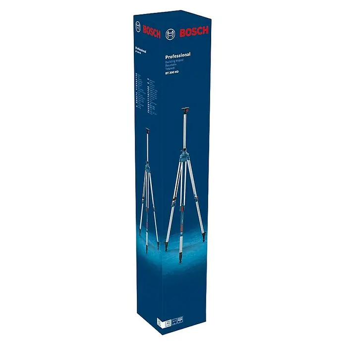 Bosch Professional Stativ BT 300 HD - Arbeitshöhe: 122 cm - 295 cm, Stativ-Gewinde: ⁵⁄₈″ - Bild des Bosch BT 300 HD Baustativs, verpackt in einem blauen Karton mit Produktinformationen und Abbildungen des Stativs.