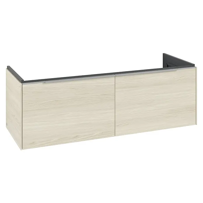 Villeroy & Boch Subway 3.0 Waschbeckenunterschrank - White Oak, Anzahl Schubladen: 2 Stk., Farbe Griff: Aluminium glänzend, B x T x H: 127,2 x 47,8 x 42,9 cm - Heller Holz-Wandschrank mit zwei Türen, integriertem Silbergriff und dunkelgrauer Oberkante.
