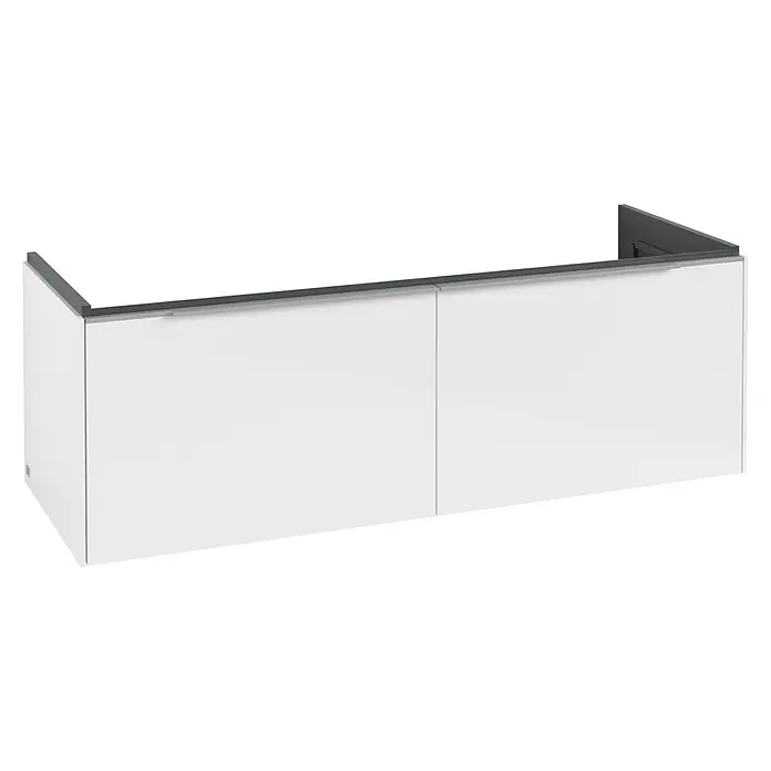 Villeroy & Boch Subway 3.0 Waschbeckenunterschrank - Brilliant White, Anzahl Schubladen: 2 Stk., Farbe Griff: Aluminium glänzend, B x T x H: 127,2 x 47,8 x 42,9 cm - Weißer Wandschrank mit dunkelgrauer Zierleiste und integriertem Griff.