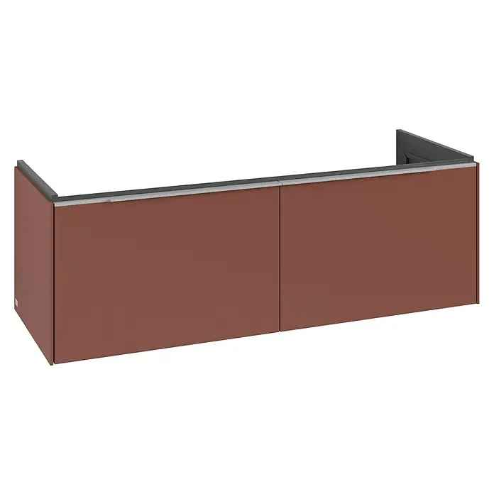 Villeroy & Boch Subway 3.0 Waschbeckenunterschrank - Wine Red, Anzahl Schubladen: 2 Stk., Farbe Griff: Aluminium glänzend, B x T x H: 127,2 x 47,8 x 42,9 cm - Rötlich-braune L-förmige Bürotrennwand mit grauer Verkleidung.
