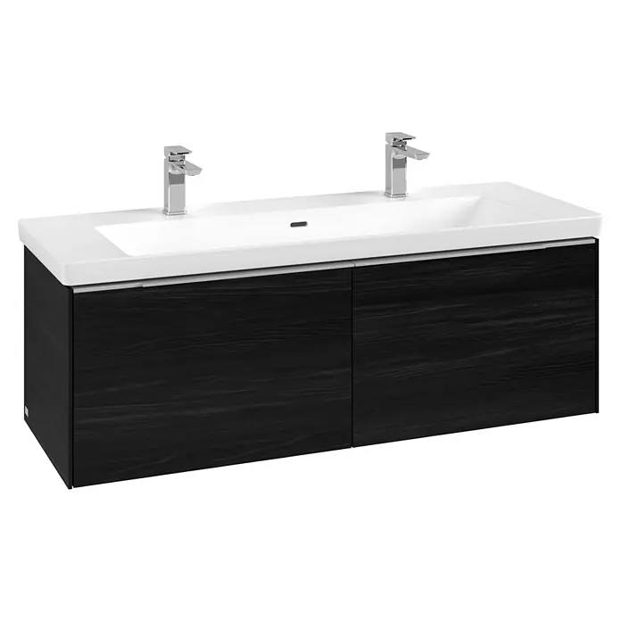 Villeroy & Boch Subway 3.0 Waschbeckenunterschrank - Black Oak, Anzahl Schubladen: 2 Stk., Farbe Griff: Aluminium glänzend, B x T x H: 127,2 x 47,8 x 42,9 cm - Doppelwaschtisch mit schwarzem Holzunterschrank, weißen Keramikbecken und zwei Chromarmaturen.