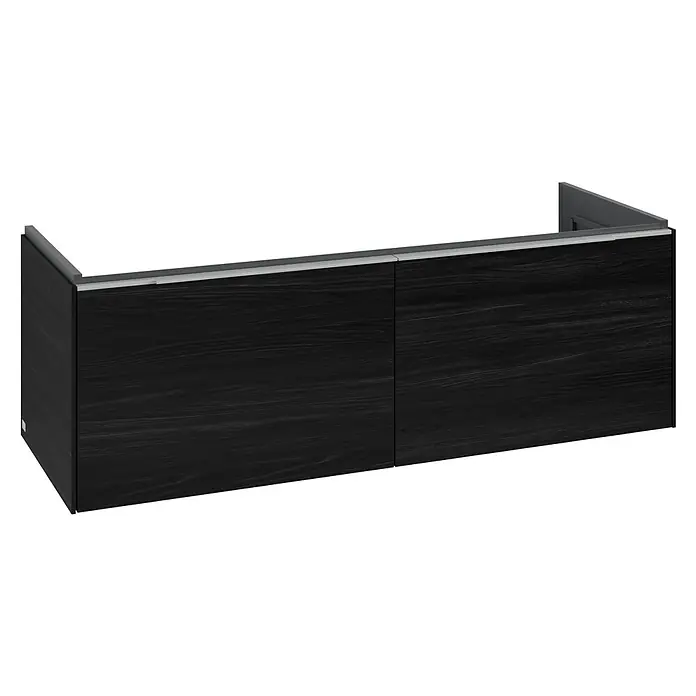 Villeroy & Boch Subway 3.0 Waschbeckenunterschrank - Black Oak, Anzahl Schubladen: 2 Stk., Farbe Griff: Aluminium glänzend, B x T x H: 127,2 x 47,8 x 42,9 cm - Dunkler Wandschrank in Holzoptik mit zwei Türen und silbernem Griffprofil.