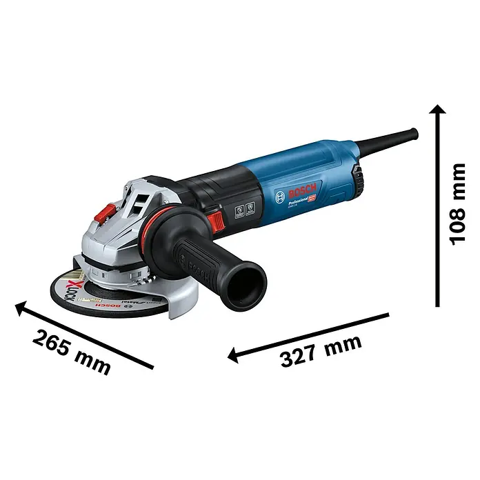 Bosch Professional Elektro-Winkelschleifer GWS 14-125 S - 1.400 W, Durchmesser Scheibe: 125 mm, Leerlaufdrehzahl: 2.800 U/min - 11.500 U/min - Bosch Professional Winkelschleifer in Blau, Schwarz und Silber, mit Abmessungen: 327mm Gesamtlänge, 265mm Gehäuselänge, 108mm Höhe.