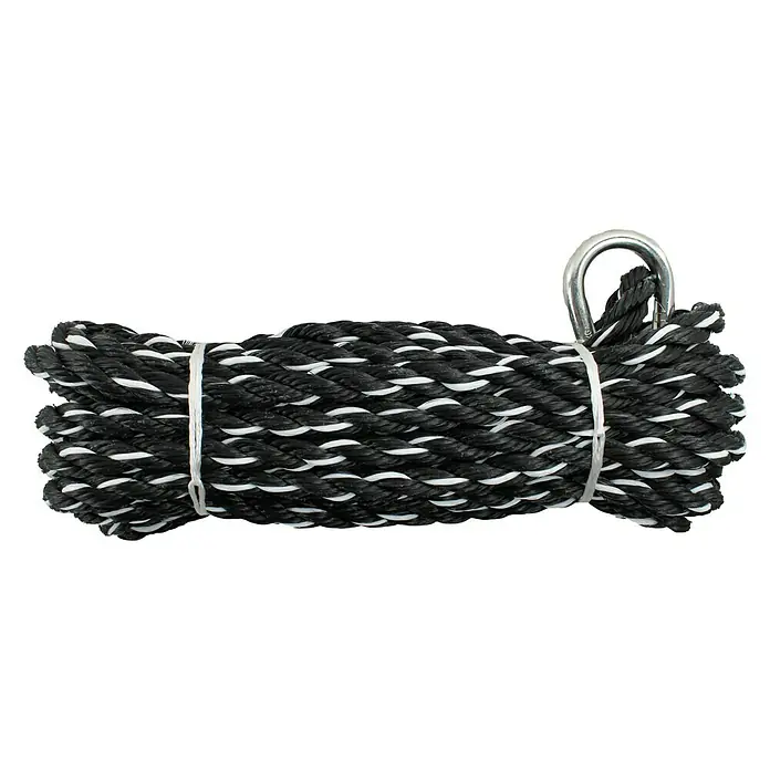 Stabilit PP-Seil - Ø x L: 14 mm x 10 m, Feuerwehr-Karabinerhaken, Schwarz/Weiß - Das Bild zeigt eine geflochtene Leine mit Öse, die mit einem weißen Kabelbinder zusammengehalten wird.