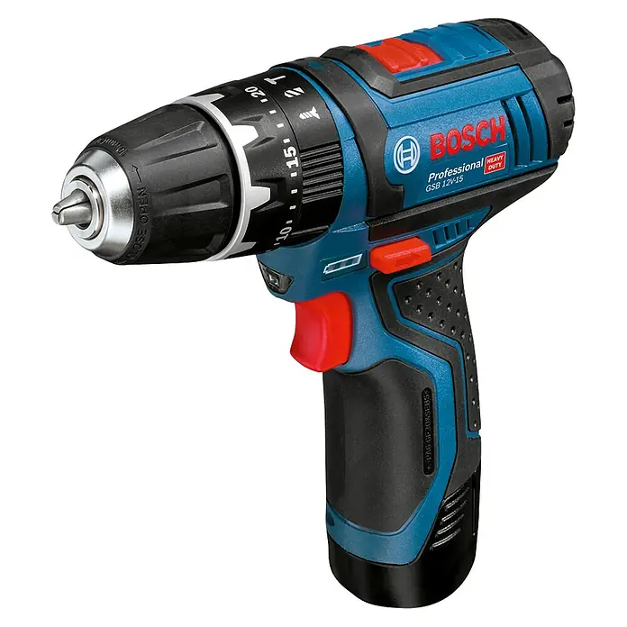 Bosch Professional Akku-Schlagbohrschrauber GSB 12V-15 - 12 V, 2 Akkus, 2 Ah, 30 Nm, 2 Akkus + Ladegerät + Bit-Set + Tasche - Akkuschrauber von Bosch GSB 12V-15 Professional mit blau-schwarzem Gehäuse, rotem Schalter und einstellbarem Drehmoment für präzises Schrauben.