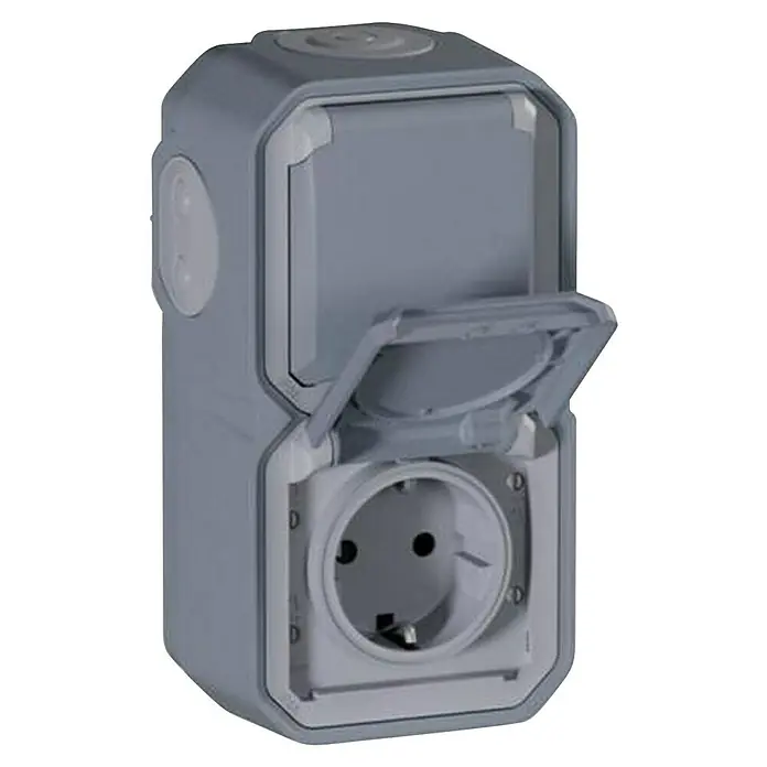 Legrand Schutzkontaktsteckdose Plexo New - Grau, 250 V, 16 A, Aufputzmontage, 2-fach - Graue Steckdose für den Außenbereich mit geöffneter Abdeckung für den Einsatz im Freien. Sie ist robust und wetterfest.