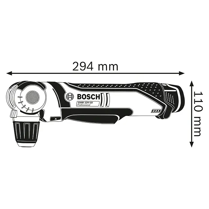 Bosch Professional Akku-Winkelbohrschrauber GWB 12V-10 L-Boxx - 12 V, Ohne Akku - Abbildung einer Bosch Akku-Gras- und Strauchschere mit den Maßen 294 mm Länge und 110 mm Höhe.