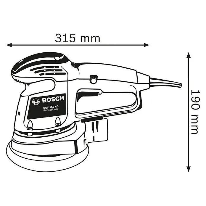 Bosch Professional Elektro-Exzenterschleifer GEX 34-150 - 340 W, Durchmesser Schleifteller: 150 mm, Leerlaufdrehzahl: 4.500 U/min - 12.000 U/min - Abbildung eines Bosch GEX 150 AC Professional Exzenterschleifers mit Maßangaben zur Länge und Höhe.