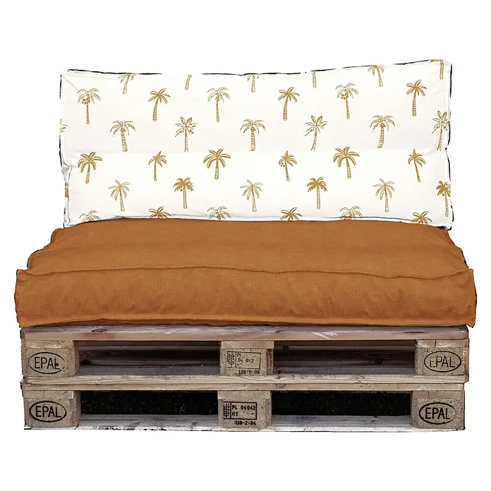 Set cojines para palet Palmeras - 120 x 80 x 16 cm, Naranja, 50% algodón 50% poliéster, 2 ud. - Acogedora sala de estar con palets, cojín de asiento marrón y respaldo con diseño de palmeras, ideal para relajarse al aire libre.