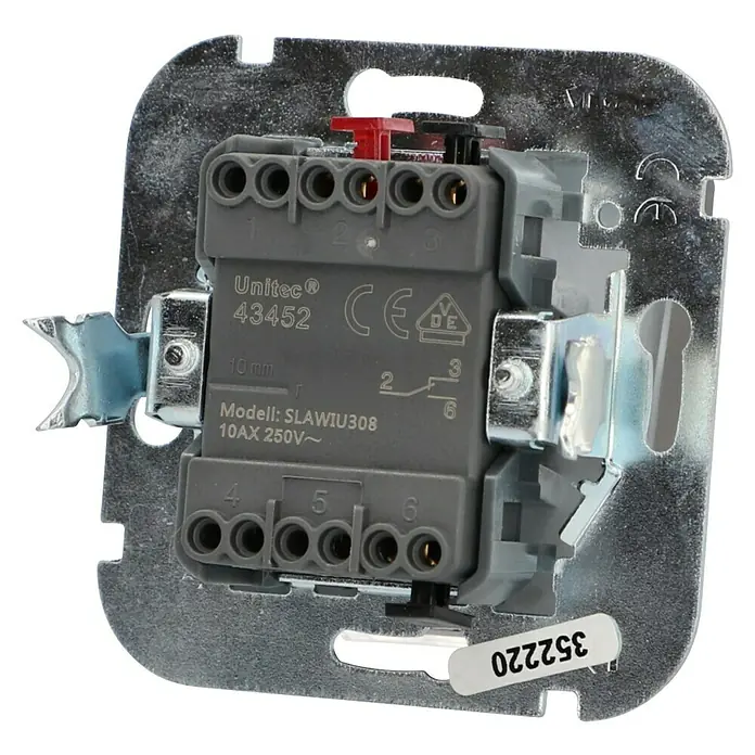 Voltomat DIVA Wechselschalter - Platin, Glänzend, Unterputzmontage, 10 A - Grauer Kunststoff-Elektroschalter/-Verteilerdosen-Einsatz mit Metallrahmen und sichtbaren Schraubklemmen.