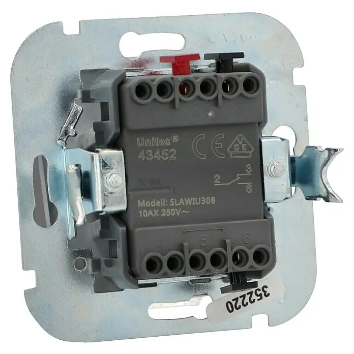 Voltomat DIVA Wechselschalter - Platin, Glänzend, Unterputzmontage, 10 A - Grauer Elektroschaltereinsatz mit mehreren Klemmen und roten/schwarzen Hebeln, auf Metallrahmen montiert.