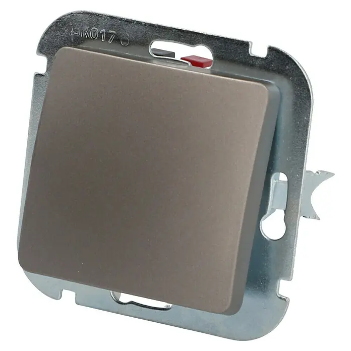 Voltomat DIVA Wechselschalter - Platin, Glänzend, Unterputzmontage, 10 A - Taupefarbener Druckschalter mit Metallrahmen und rotem Indikator.