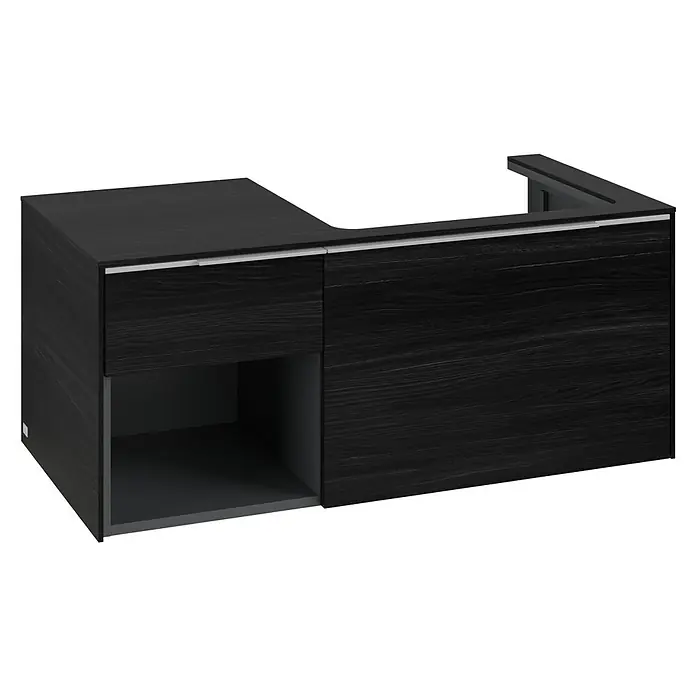 Villeroy & Boch Subway 3.0 Waschbeckenunterschrank - Black Oak, Anzahl Schubladen: 2 Stk., Farbe Griff: Aluminium glänzend, B x T x H: 100,1 x 51,6 x 42,3 cm, Mit Beleuchtung, Offenes Fach links - Dunkle Holzmaserung L-förmiger Waschtischunterschrank mit silbernen Griffen und offenem Fach.