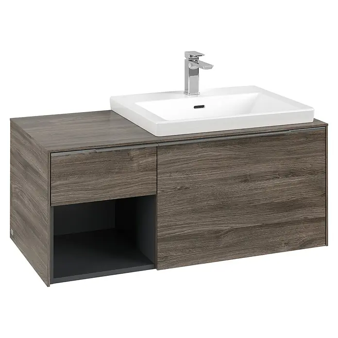Villeroy & Boch Subway 3.0 Waschbeckenunterschrank - Stone Oak, Anzahl Schubladen: 2 Stk., Farbe Griff: Aluminium glänzend, B x T x H: 100,1 x 51,6 x 42,3 cm, Mit Beleuchtung, Offenes Fach links - Dunkle Holzoptik Badmöbel mit integriertem Waschbecken und Chrom-Wasserhahn.