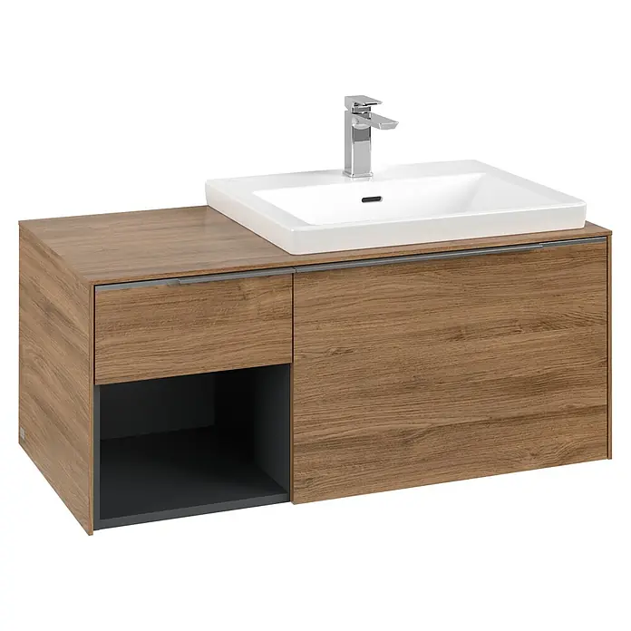 Villeroy & Boch Subway 3.0 Waschbeckenunterschrank - Kansas Oak, Anzahl Schubladen: 2 Stk., Farbe Griff: Aluminium glänzend, B x T x H: 100,1 x 51,6 x 42,3 cm, Mit Beleuchtung, Offenes Fach links - Moderner Badezimmerschrank in Holzoptik mit weißem Keramikwaschbecken und Chromarmatur. Mit dunklem offenem Fach und geschlossenen Fächern.