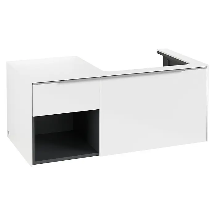 Villeroy & Boch Subway 3.0 Waschbeckenunterschrank - Brilliant White, Anzahl Schubladen: 2 Stk., Farbe Griff: Aluminium glänzend, B x T x H: 100,1 x 51,6 x 42,3 cm, Mit Beleuchtung, Offenes Fach links - Weißer Waschtischunterschrank mit Schublade, offenem Fach und Siphonausschnitt.