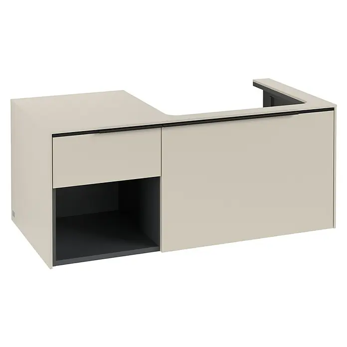 Villeroy & Boch Subway 3.0 Waschbeckenunterschrank - Cashmere Grey, Anzahl Schubladen: 2 Stk., Farbe Griff: Volcano Black, B x T x H: 100,1 x 51,6 x 42,3 cm, Mit Beleuchtung, Offenes Fach links - Hellbeiger L-förmiger Schrank mit Schublade, offenem Fach und schwarzen Griffen. Dunkelgraues Interieur.