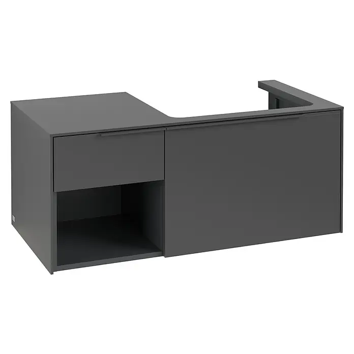 Villeroy & Boch Subway 3.0 Waschbeckenunterschrank - Graphite, Anzahl Schubladen: 2 Stk., Farbe Griff: Monochrom, B x T x H: 100,1 x 51,6 x 42,3 cm, Mit Beleuchtung, Offenes Fach links - Dunkelgrauer wandhängender Badunterschrank mit Schublade, offenem Fach und U-förmigem Ausschnitt für Installationen.