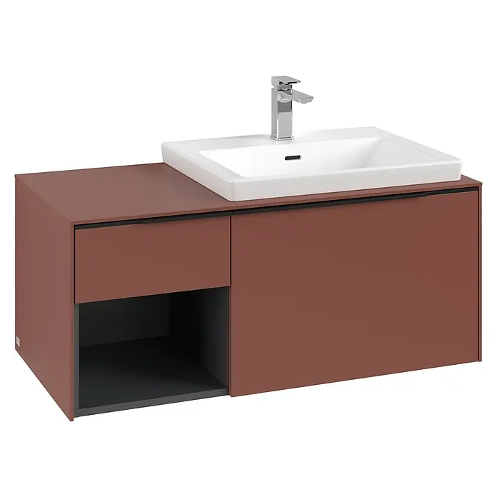 Villeroy & Boch Subway 3.0 Waschbeckenunterschrank - Wine Red, Anzahl Schubladen: 2 Stk., Farbe Griff: Volcano Black, B x T x H: 100,1 x 51,6 x 42,3 cm, Mit Beleuchtung, Offenes Fach links - Brauner Waschtischunterschrank mit integriertem weißem rechteckigem Waschbecken und Chromarmatur, mit Schublade und offenem Regal.