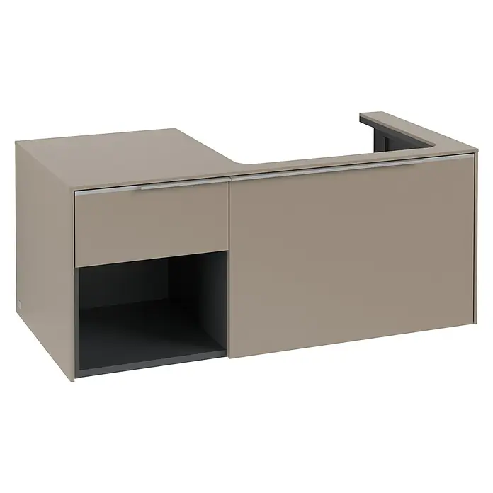 Villeroy & Boch Subway 3.0 Waschbeckenunterschrank - Taupe, Anzahl Schubladen: 2 Stk., Farbe Griff: Aluminium glänzend, B x T x H: 100,1 x 51,6 x 42,3 cm, Mit Beleuchtung, Offenes Fach links - Wandhängender hellbrauner Badunterschrank mit Schublade, offenem Fach und integrierter Waschtischplatte.