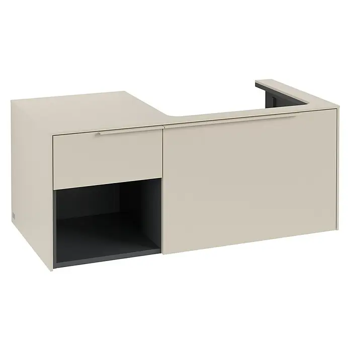 Villeroy & Boch Subway 3.0 Waschbeckenunterschrank - Cashmere Grey, Anzahl Schubladen: 2 Stk., Farbe Griff: Monochrom, B x T x H: 100,1 x 51,6 x 42,3 cm, Mit Beleuchtung, Offenes Fach links - Beige wandhängende Badmöbel mit Schublade, offenem Regal und Waschtischausschnitt.