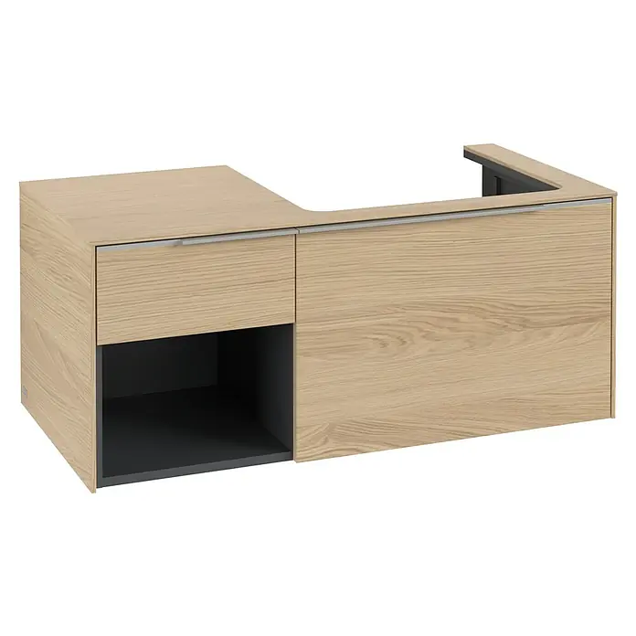 Villeroy & Boch Subway 3.0 Waschbeckenunterschrank - Nordik Oak, Anzahl Schubladen: 2 Stk., Farbe Griff: Aluminium glänzend, B x T x H: 100,1 x 51,6 x 42,3 cm, Mit Beleuchtung, Offenes Fach links - Heller Eichenholz-Badezimmerunterschrank mit zwei Schubladen, offenem Regal und einer Aussparung für ein Waschbecken.