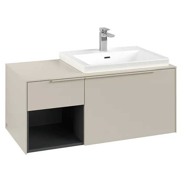 Villeroy & Boch Subway 3.0 Waschbeckenunterschrank - Cashmere Grey, Anzahl Schubladen: 2 Stk., Farbe Griff: Monochrom, B x T x H: 100,1 x 51,6 x 42,3 cm, Mit Beleuchtung, Offenes Fach links - Moderner beiger Badunterschrank mit weißem Rechteckwaschbecken, Chromarmatur, Schublade und offenem Regal.