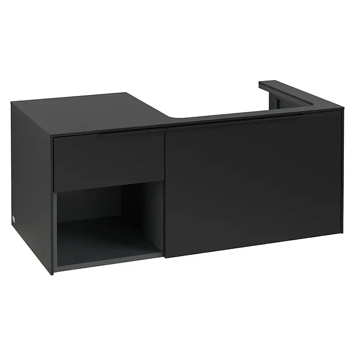 Villeroy & Boch Subway 3.0 Waschbeckenunterschrank - Volcano Black, Anzahl Schubladen: 2 Stk., Farbe Griff: Volcano Black, B x T x H: 100,1 x 51,6 x 42,3 cm, Mit Beleuchtung, Offenes Fach links - Dunkelgrauer matter Waschtischunterschrank mit Schublade, offenem Fach und Sinkausschnitt.