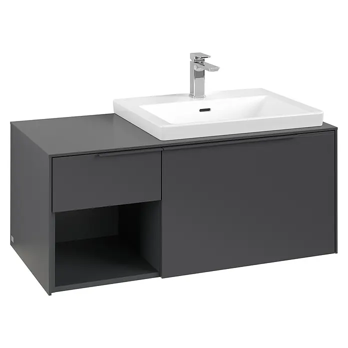 Villeroy & Boch Subway 3.0 Waschbeckenunterschrank - Graphite, Anzahl Schubladen: 2 Stk., Farbe Griff: Monochrom, B x T x H: 100,1 x 51,6 x 42,3 cm, Mit Beleuchtung, Offenes Fach links - Dunkelgrauer Waschtischunterschrank mit weißem Keramikwaschbecken, Chromarmatur und Stauraum.