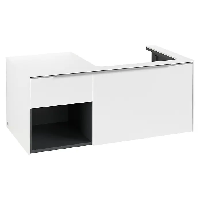 Villeroy & Boch Subway 3.0 Waschbeckenunterschrank - Pure White, Anzahl Schubladen: 2 Stk., Farbe Griff: Aluminium glänzend, B x T x H: 100,1 x 51,6 x 42,3 cm, Mit Beleuchtung, Offenes Fach links - Weißer Hängewaschbeckenunterschrank mit offenem Fach in Anthrazit, vorbereitet für ein Aufsatzwaschbecken.