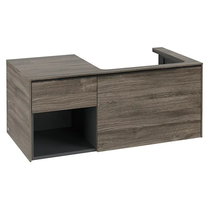 Villeroy & Boch Subway 3.0 Waschbeckenunterschrank - Stone Oak, Anzahl Schubladen: 2 Stk., Farbe Griff: Volcano Black, B x T x H: 100,1 x 51,6 x 42,3 cm, Mit Beleuchtung, Offenes Fach links - Dunkelgrauer Waschtischunterschrank in L-Form mit Holzoptik, einer Schublade und offenem Fach.