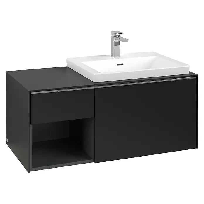 Villeroy & Boch Subway 3.0 Waschbeckenunterschrank - Volcano Black, Anzahl Schubladen: 2 Stk., Farbe Griff: Aluminium glänzend, B x T x H: 100,1 x 51,6 x 42,3 cm, Mit Beleuchtung, Offenes Fach links - Dunkelgrauer Badunterschrank mit weißem rechteckigem Waschbecken und Chromarmatur.