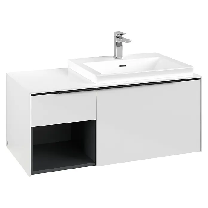 Villeroy & Boch Subway 3.0 Waschbeckenunterschrank - Brilliant White, Anzahl Schubladen: 2 Stk., Farbe Griff: Volcano Black, B x T x H: 100,1 x 51,6 x 42,3 cm, Mit Beleuchtung, Offenes Fach links - Moderner weißer Badezimmerschrank mit integriertem Waschbecken, Chromarmatur, schwarzem Griff und offenem Fach.