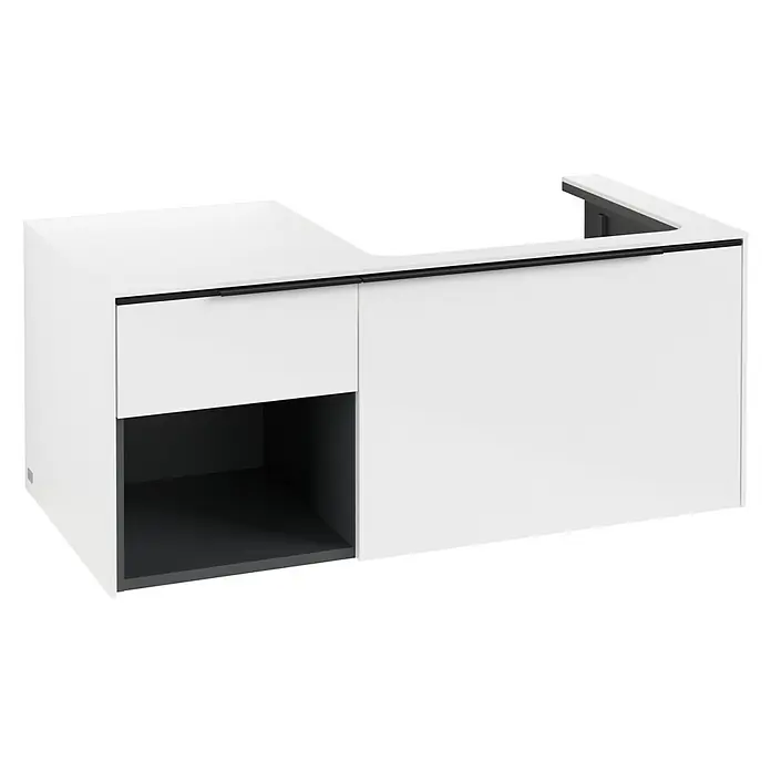 Villeroy & Boch Subway 3.0 Waschbeckenunterschrank - Brilliant White, Anzahl Schubladen: 2 Stk., Farbe Griff: Volcano Black, B x T x H: 100,1 x 51,6 x 42,3 cm, Mit Beleuchtung, Offenes Fach links - Weißer, wandmontierter Badunterschrank mit schwarzem Griff, einer Schublade, einem offenen Fach und einem Waschtischausschnitt.