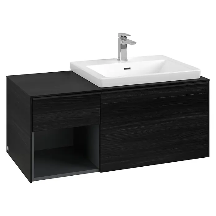 Villeroy & Boch Subway 3.0 Waschbeckenunterschrank - Black Oak, Anzahl Schubladen: 2 Stk., Farbe Griff: Volcano Black, B x T x H: 100,1 x 51,6 x 42,3 cm, Mit Beleuchtung, Offenes Fach links - Dunkle Badmöbel in Holzoptik mit weißem Rechteckwaschbecken, Chromarmatur und integriertem offenem Fach und Schublade.