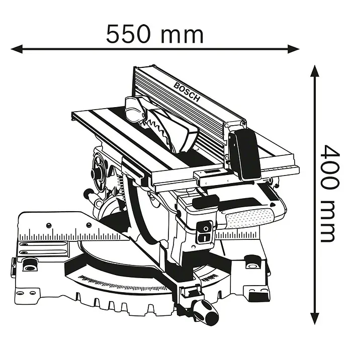 Bosch Professional Tischkreissäge GTM 12 JL - 1.800 W, Durchmesser Sägeblatt: 305 mm - Abbildung einer Tischkreissäge mit den Maßen 550 mm Breite und 400 mm Höhe. Die Säge ist detailliert gezeichnet.