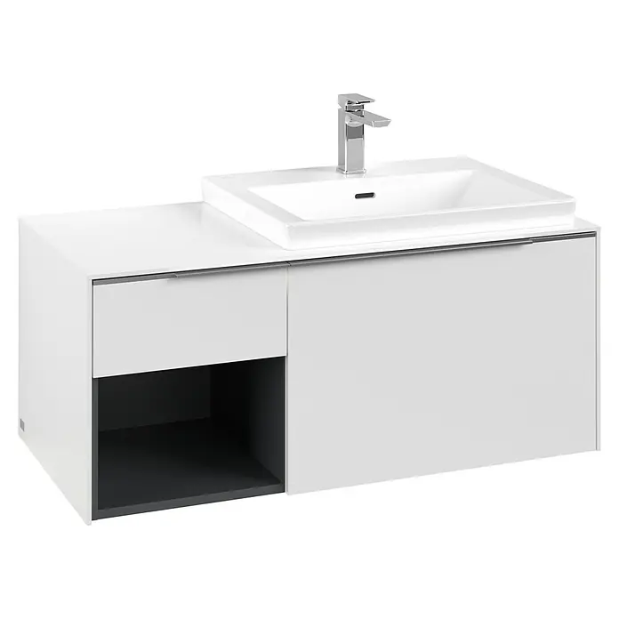 Villeroy & Boch Subway 3.0 Waschbeckenunterschrank - Pure White, Anzahl Schubladen: 2 Stk., Farbe Griff: Aluminium glänzend, B x T x H: 100,1 x 51,6 x 42,3 cm, Mit Beleuchtung, Offenes Fach links - Weißer Badunterschrank mit integriertem rechteckigem Keramikwaschbecken und Chromarmatur, inklusive Schublade und offenem dunkelgrauem Regal.