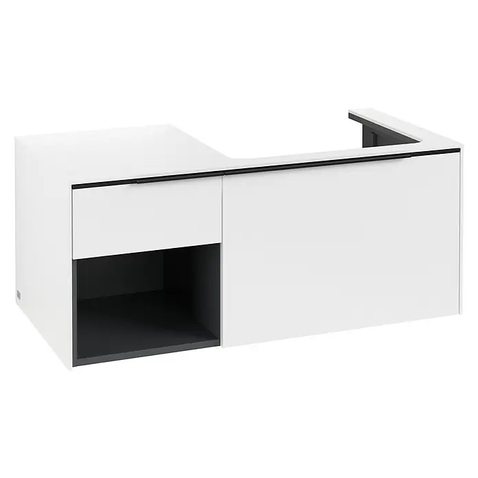 Villeroy & Boch Subway 3.0 Waschbeckenunterschrank - Pure White, Anzahl Schubladen: 2 Stk., Farbe Griff: Volcano Black, B x T x H: 100,1 x 51,6 x 42,3 cm, Mit Beleuchtung, Offenes Fach links - Weißer Waschtischunterschrank mit Schublade, offenem Fach, schwarzen Akzenten und U-Ausschnitt für Waschbecken.