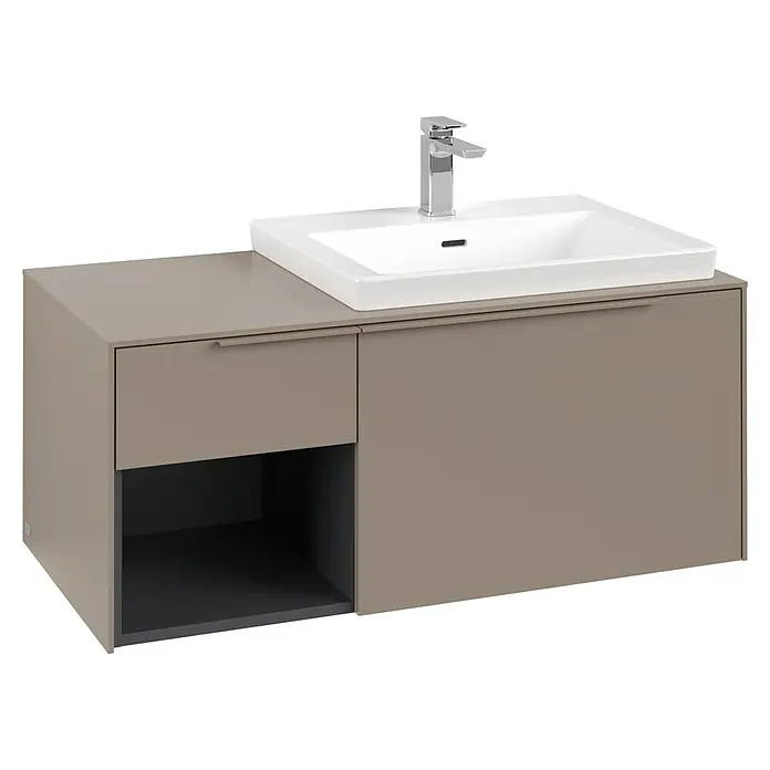Villeroy & Boch Subway 3.0 Waschbeckenunterschrank - Taupe, Anzahl Schubladen: 2 Stk., Farbe Griff: Monochrom, B x T x H: 100,1 x 51,6 x 42,3 cm, Mit Beleuchtung, Offenes Fach links - Taupe Waschtischunterschrank mit integriertem weißen Keramikwaschbecken und Chromarmatur.