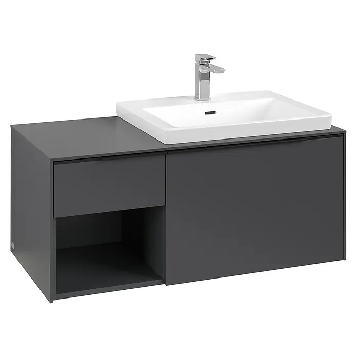Villeroy & Boch Subway 3.0 Waschbeckenunterschrank - Graphite, Anzahl Schubladen: 2 Stk., Farbe Griff: Volcano Black, B x T x H: 100,1 x 51,6 x 42,3 cm, Mit Beleuchtung, Offenes Fach links - Moderner dunkelgrauer Badunterschrank mit weißem rechteckigen Waschbecken und Chromarmatur, mit Schublade und offenem Fach.