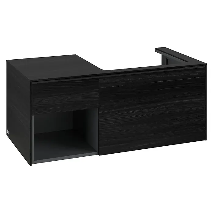Villeroy & Boch Subway 3.0 Waschbeckenunterschrank - Black Oak, Anzahl Schubladen: 2 Stk., Farbe Griff: Volcano Black, B x T x H: 100,1 x 51,6 x 42,3 cm, Mit Beleuchtung, Offenes Fach links - Schwarzer Waschtischunterschrank aus gemasertem Holz mit Ausschnitt und integriertem Stauraum.