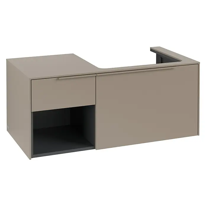 Villeroy & Boch Subway 3.0 Waschbeckenunterschrank - Taupe, Anzahl Schubladen: 2 Stk., Farbe Griff: Monochrom, B x T x H: 100,1 x 51,6 x 42,3 cm, Mit Beleuchtung, Offenes Fach links - Moderne L-förmige Badezimmer-Waschtischunterschrank in Taupe mit einer Schublade, einem offenen Fach und einem Waschtisch-Ausschnitt.