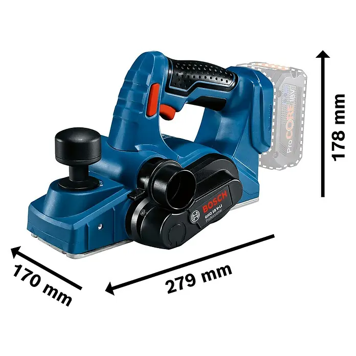 Bosch Professional AMPShare 18V Akku-Hobel GHO 18 V-LI L-Boxx - 18 V, Ohne Akku, Hobeltiefe: 0 mm - 1,6 mm, Leerlaufdrehzahl: 0 U/min - 14.000 U/min - Bosch GHO 18 V-LI Professional Akku-Hobel mit Abmessungen für professionelle Holzbearbeitung.
