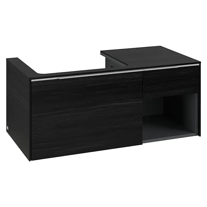 Villeroy & Boch Subway 3.0 Waschbeckenunterschrank - Black Oak, Anzahl Schubladen: 2 Stk., Farbe Griff: Aluminium glänzend, B x T x H: 100,1 x 51,6 x 42,3 cm, Mit Beleuchtung, Offenes Fach rechts - Dunkles L-förmiges Badmöbel mit Holzoptik, silbernen Akzenten und offenem Stauraum.